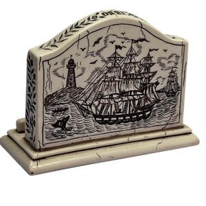 FIGI Graphics 1998 Faux Scrimshaw Nautical Ship Lighthouse Card Holder 1850